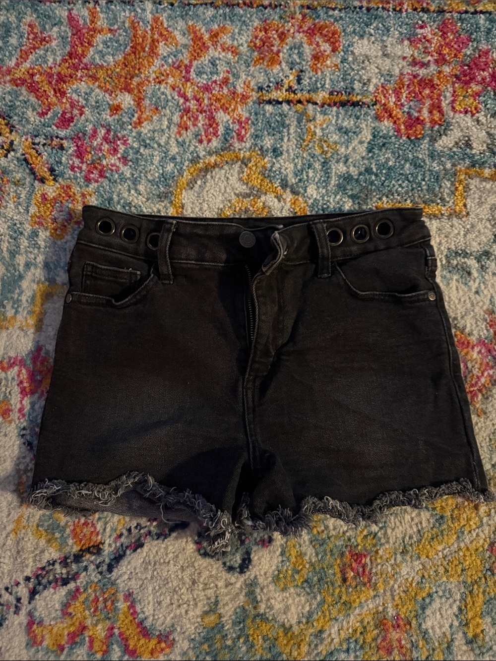 GUESS Black Denim High-Rise Shorts with Grommet Waist